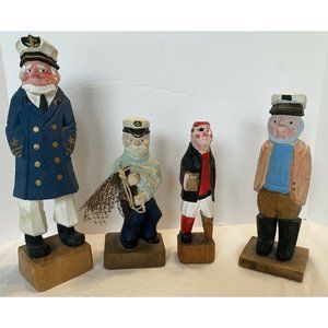 Vtg Carved Wood Nautical Captain Fisherman Sailors Pirate Set of 4 Decorative